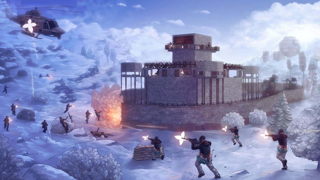 Rust digital art wallpaper intense snowy base raid armed players helicopter explosive combat