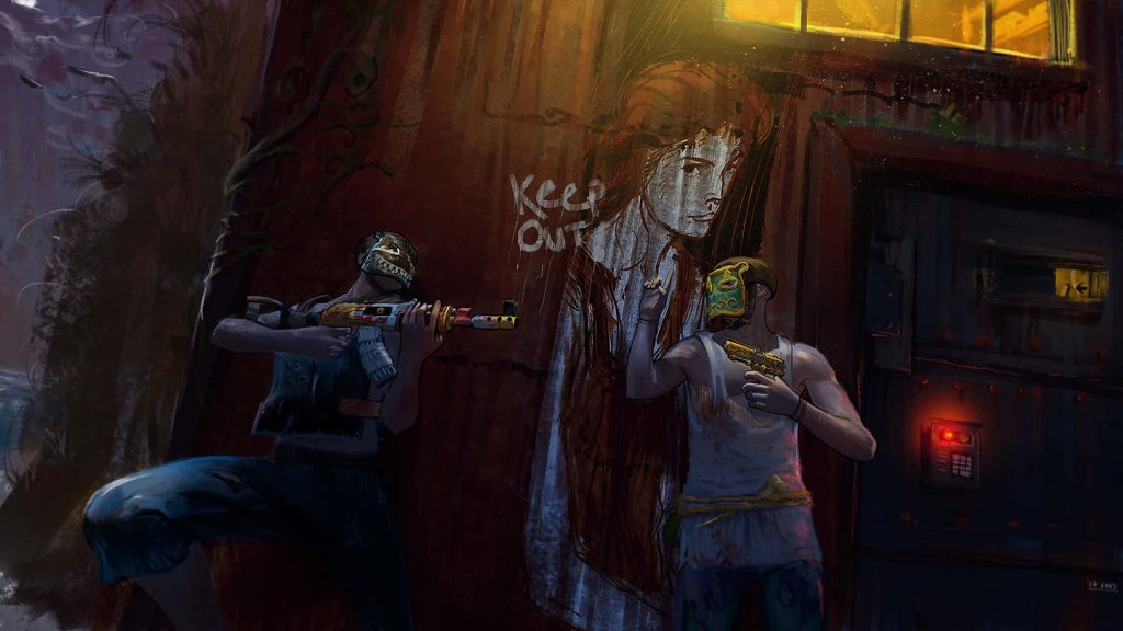 Rust survival game digital art with two armed players and Keep Out graffiti background wallpaper