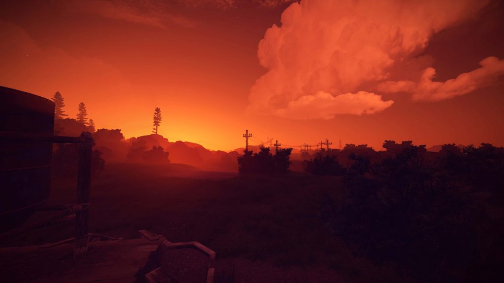 Rust survival game wallpaper fiery red sunset rugged landscape power lines post-apocalyptic art