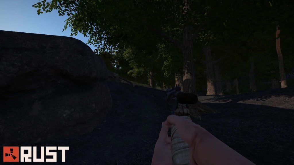POV Rust gameplay wallpaper showing weapon and sunlit forest with trees and rocky terrain