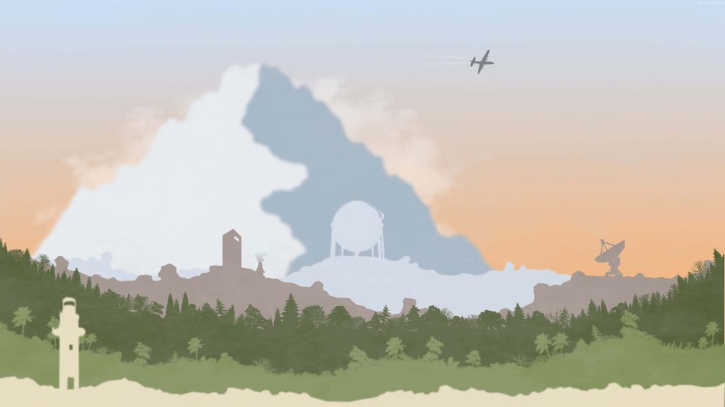 Minimalist Rust game vector wallpaper featuring lighthouse dome satellite dish and cargo plane