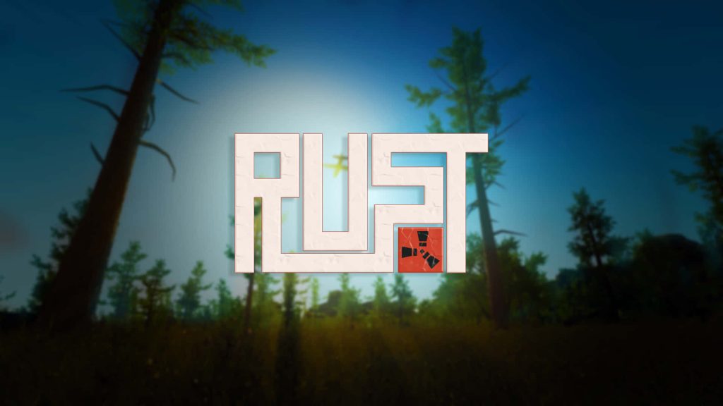 Rust game wallpaper white stencil logo red radiation sign sunlit blurred pine forest background