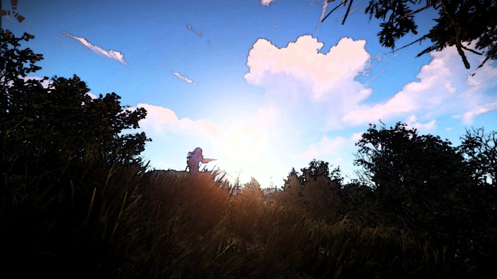 Rust game player silhouette aiming weapon in sunlit field cel-shaded survival game wallpaper background