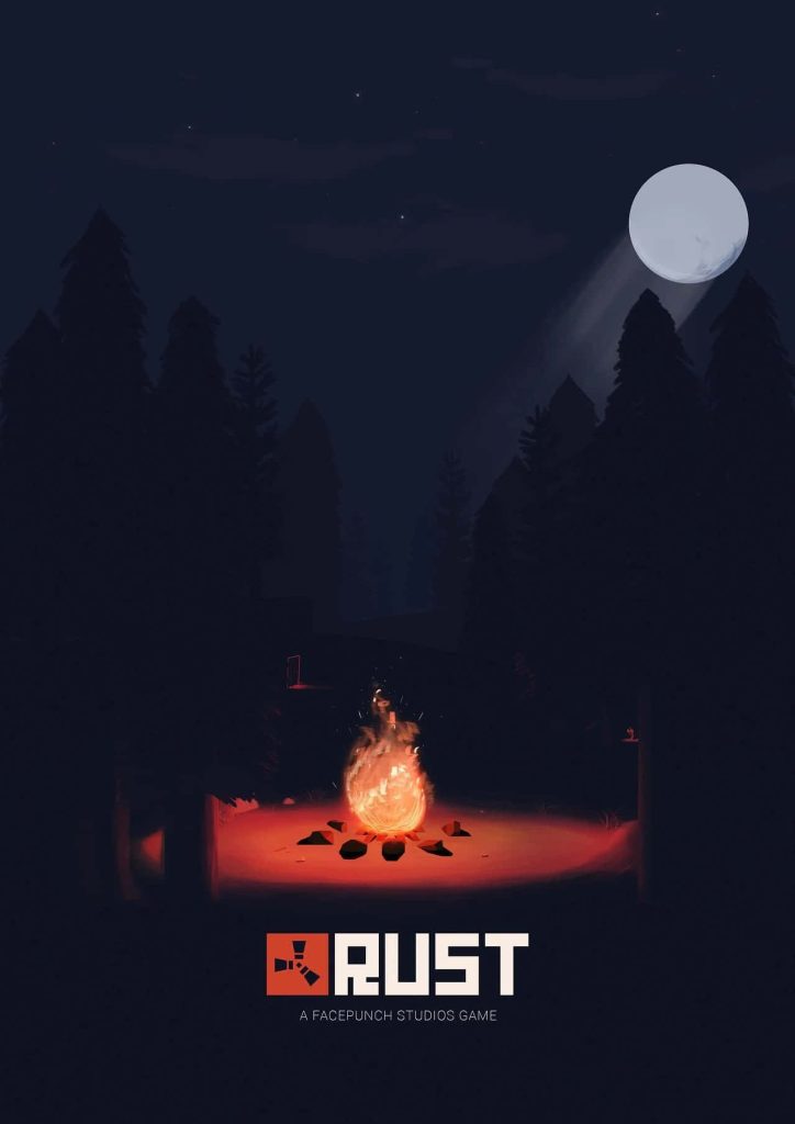 Rust game wallpaper glowing campfire in dark forest moonlit wilderness Facepunch Studios logo