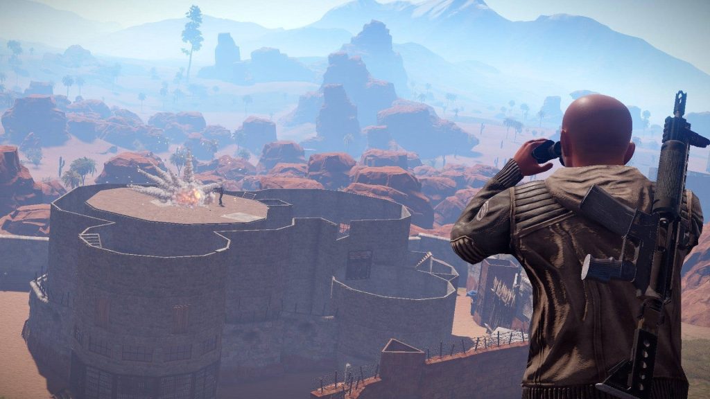 Rust game wallpaper intense desert raid player scouting fortified base explosion background