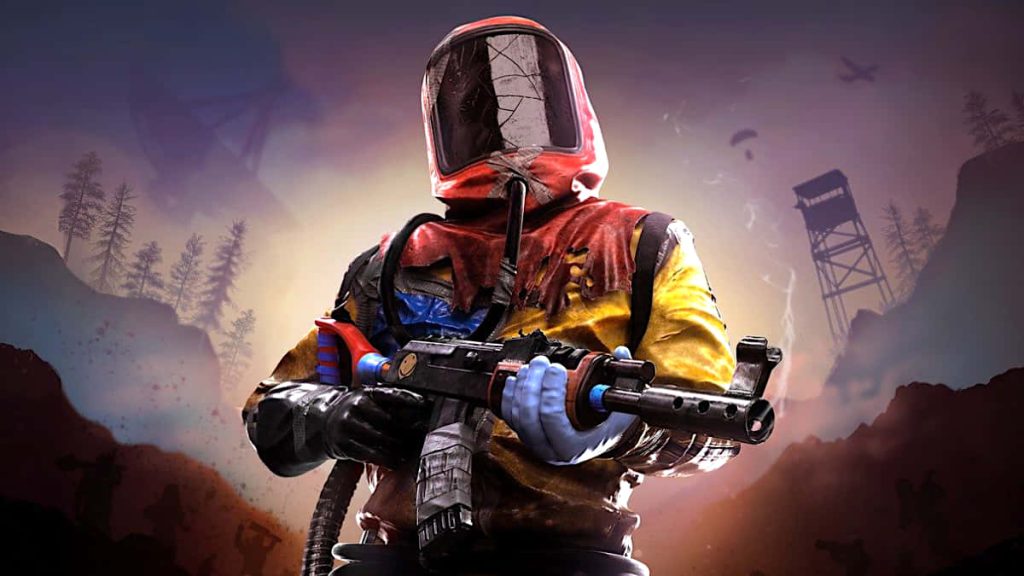 Rust game wallpaper survivor in hazmat suit with assault rifle by post-apocalyptic watchtower