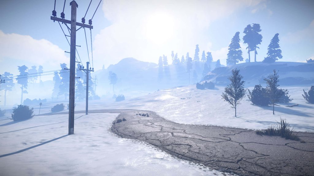 Snow-covered cracked road in Rust winter biome with utility poles and sparse trees landscape Wallpaper