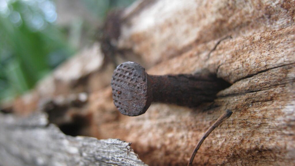 Rusty Nail on Aged Wood: Textured Wallpaper Background Image