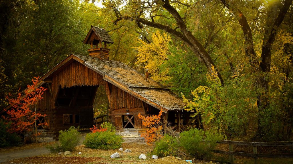 Rustic wooden cabin with cupola in vibrant autumn forest glowing with golden sunlight 4K wallpaper