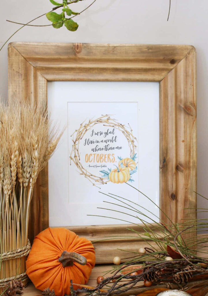 Rustic wooden frame with festive autumn pumpkins wheat print perfect for Fall Thanksgiving wallpaper