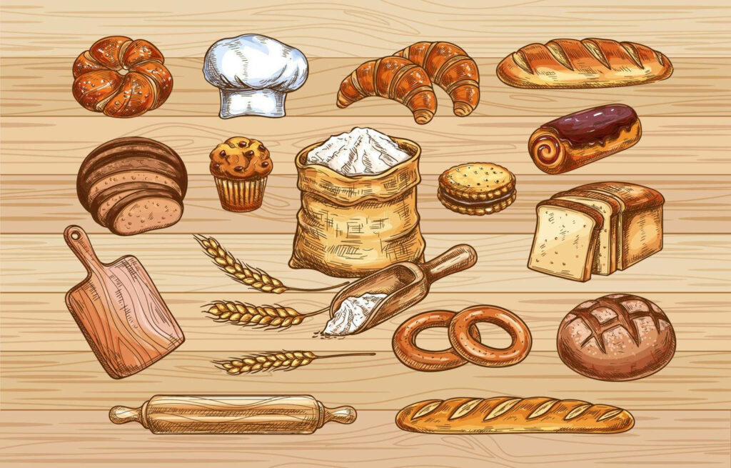 Hand-drawn bakery wallpaper with bread croissants pretzels pastries flour sack chef hat and wheat stalks