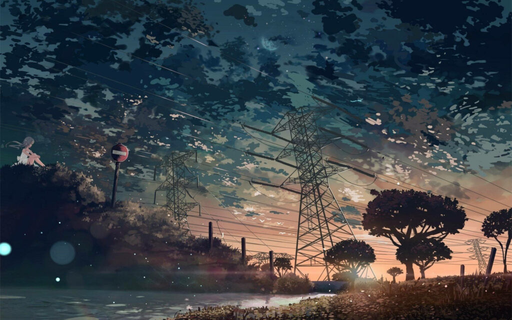 Rustic Charm amidst Electric Giants: Embracing the Countryside's Aesthetic in Anime Art Wallpaper