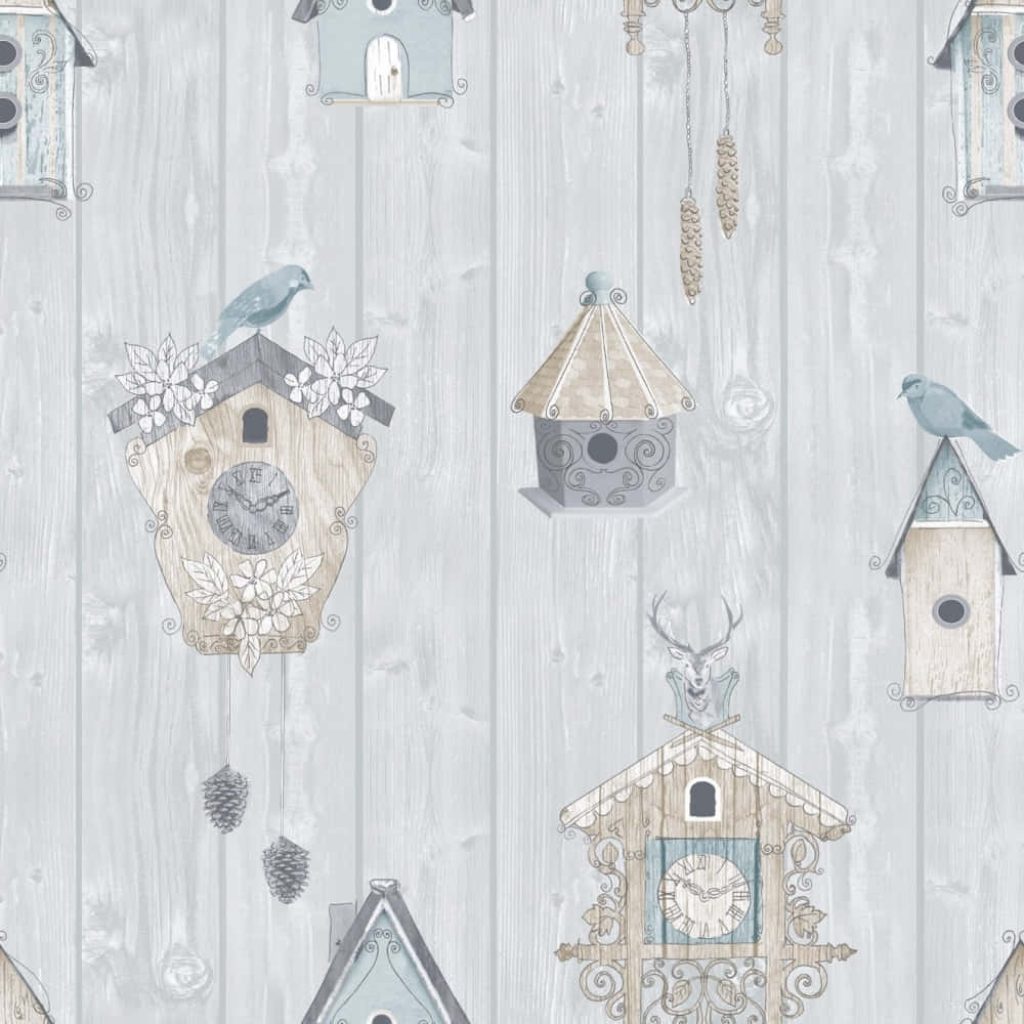 Rustic wallpaper with whimsical birdhouses cuckoo clocks birds florals pinecones on blue wood panels