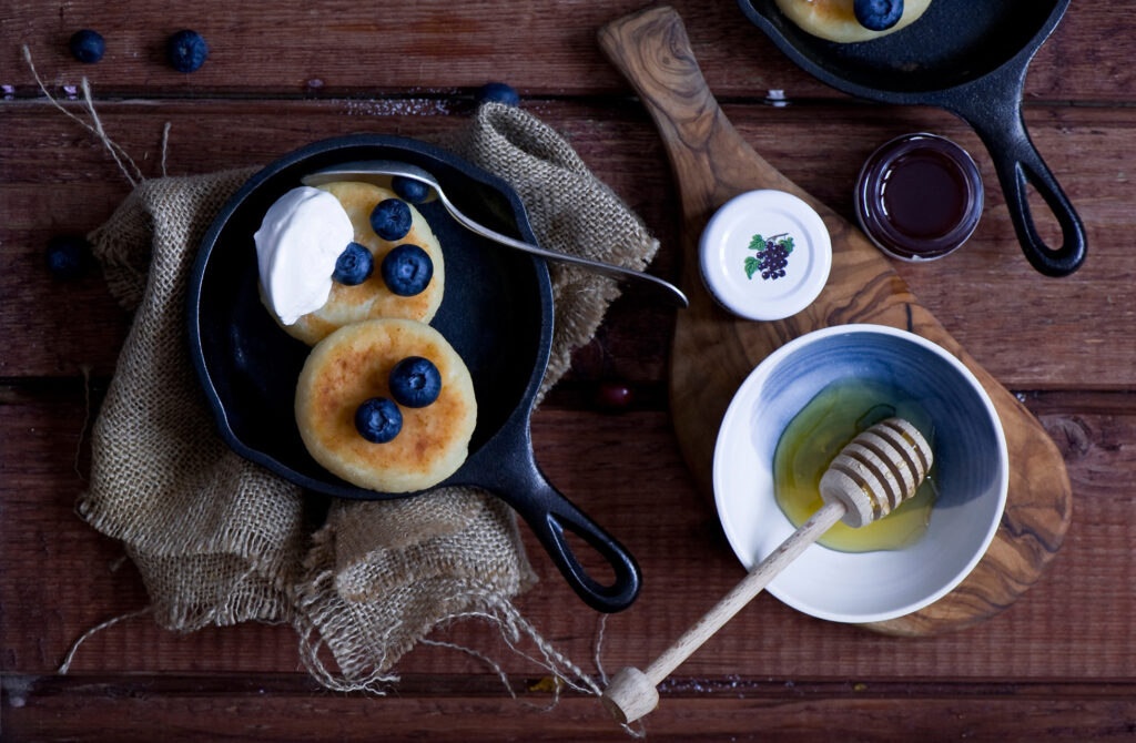 Rustic Pancake Skillet with Blueberries & Honey – Cozy Wallpaper