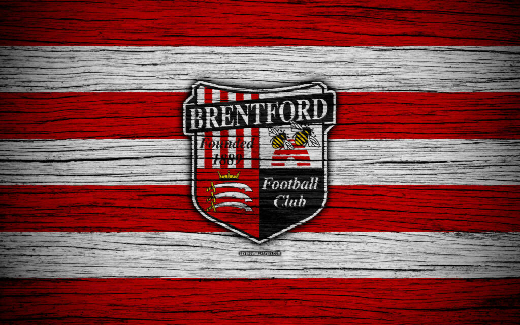 Brentford FC Logo Wallpaper on Rustic Wood with Red-White Stripes