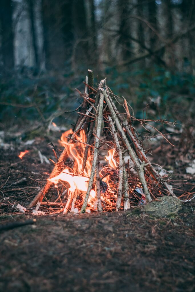 Rustic campfire with glowing orange flames in a peaceful forest setting camping wallpaper