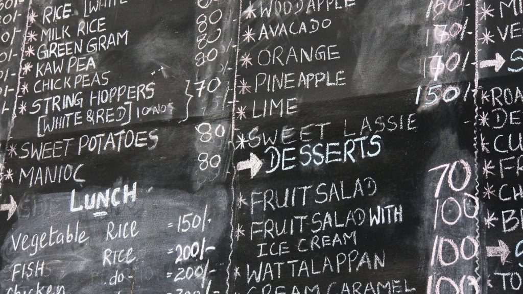 Rustic chalkboard menu wallpaper with handwritten lunch items fresh juices and desserts Watalappan
