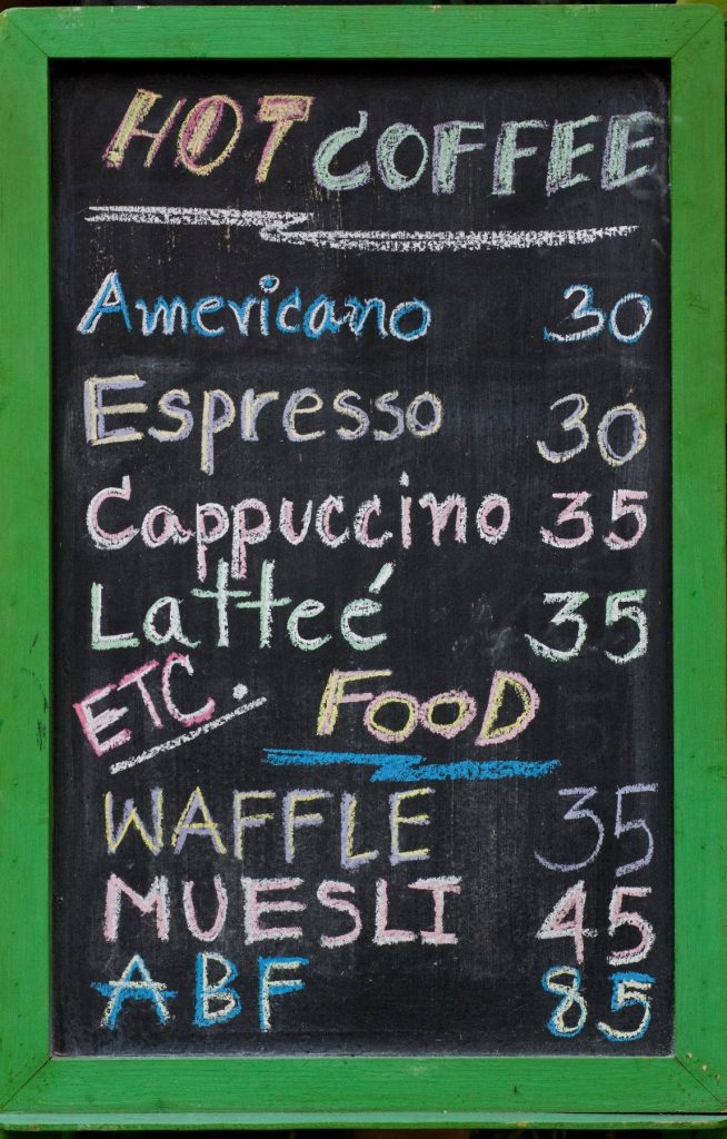 Rustic chalkboard menu wallpaper with colorful hot coffee and food items in green frame