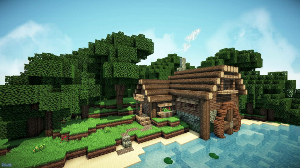 Rustic Minecraft log cabin with waterwheel by lake and forest in bright sunny block design wallpaper