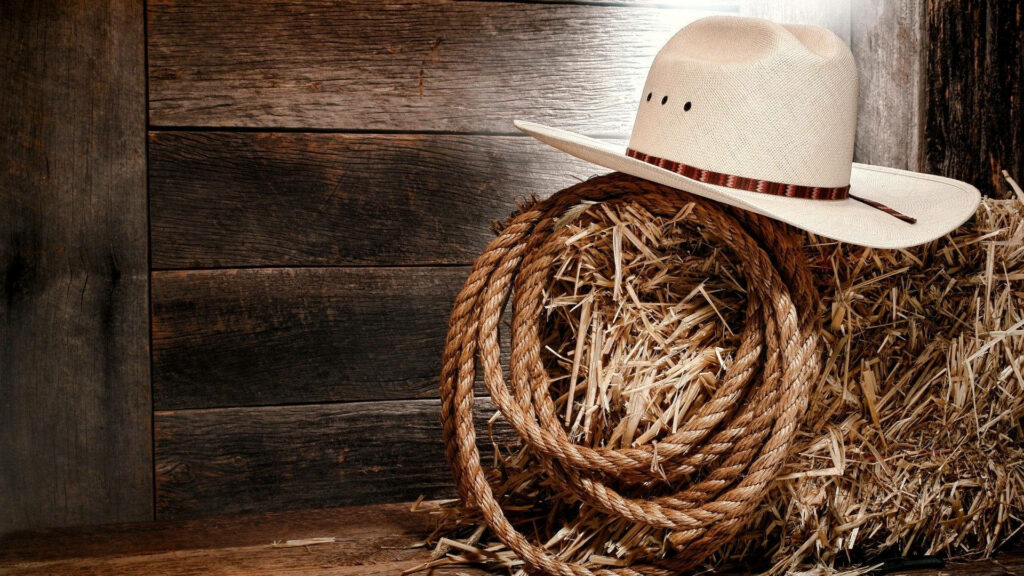 The Iconic Cowboy: A Western Hat and Lasso Resting on a Haystack Wallpaper