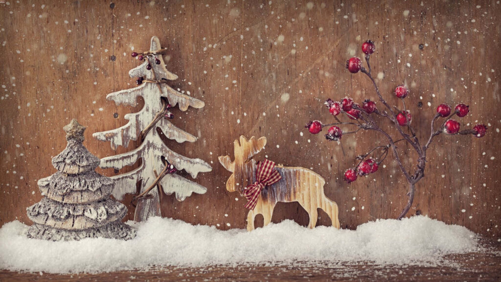 Rustic Christmas Wallpaper: Trees, Reindeer & Snowy Ambiance