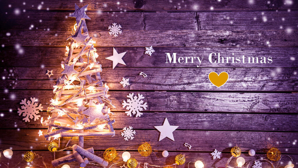 Cozy Rustic Christmas Wallpaper: Wooden Tree & Glowing Lights