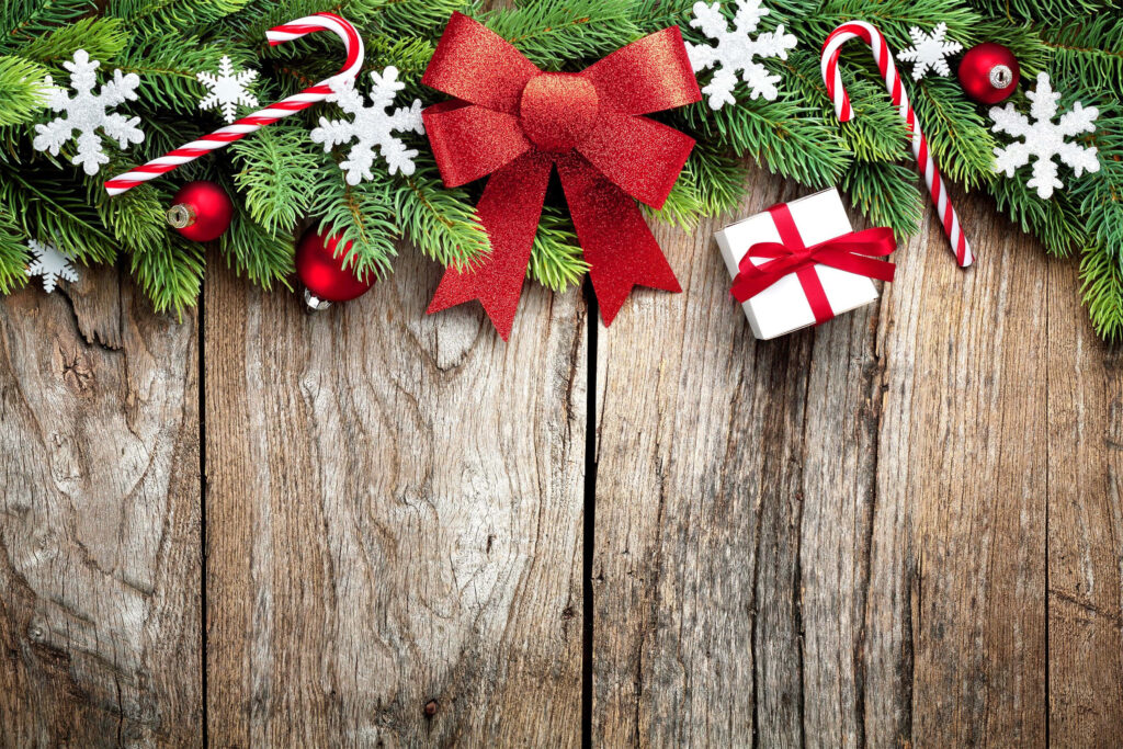 Rustic Christmas Wallpaper with Evergreen, Baubles, and Snowflakes