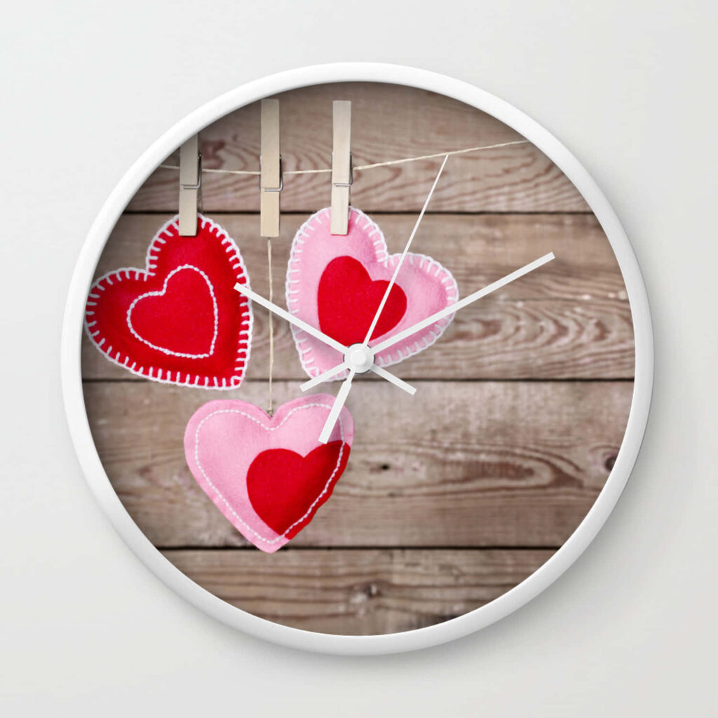 Rustic Clock Wallpaper with Heart Decor for Valentine's Day
