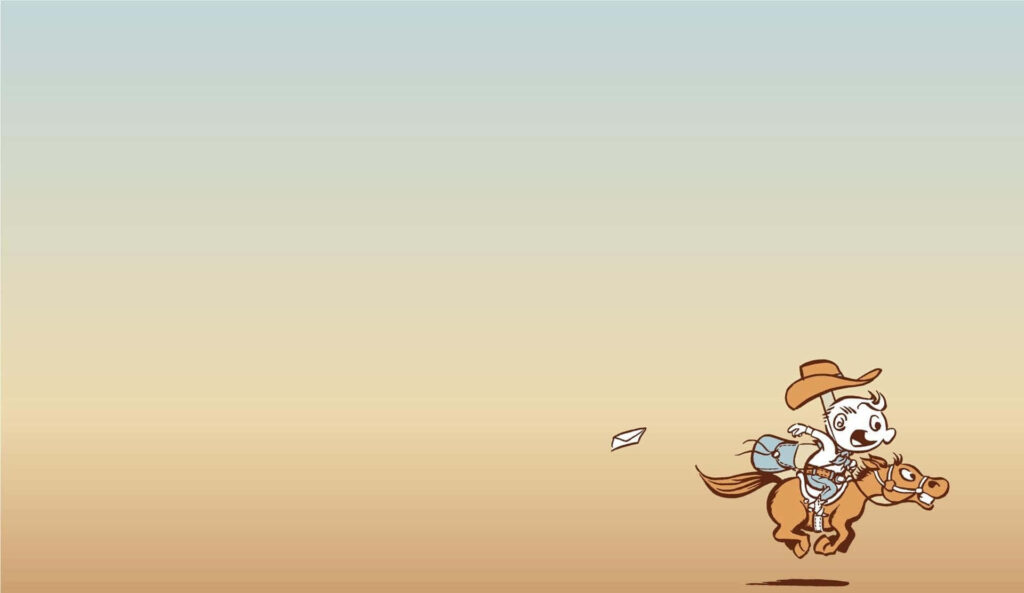 Cartoon cowboy riding galloping horse across Wild West landscape with warm desert tones wallpaper