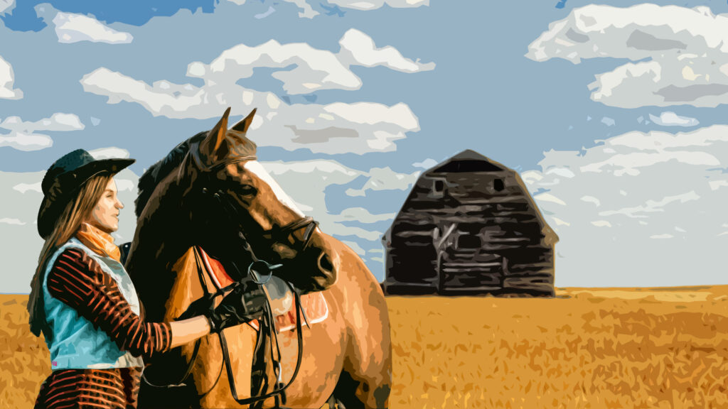 Cowgirl with horse in golden wheat field bright blue sky rustic barn Western ranch art wallpaper