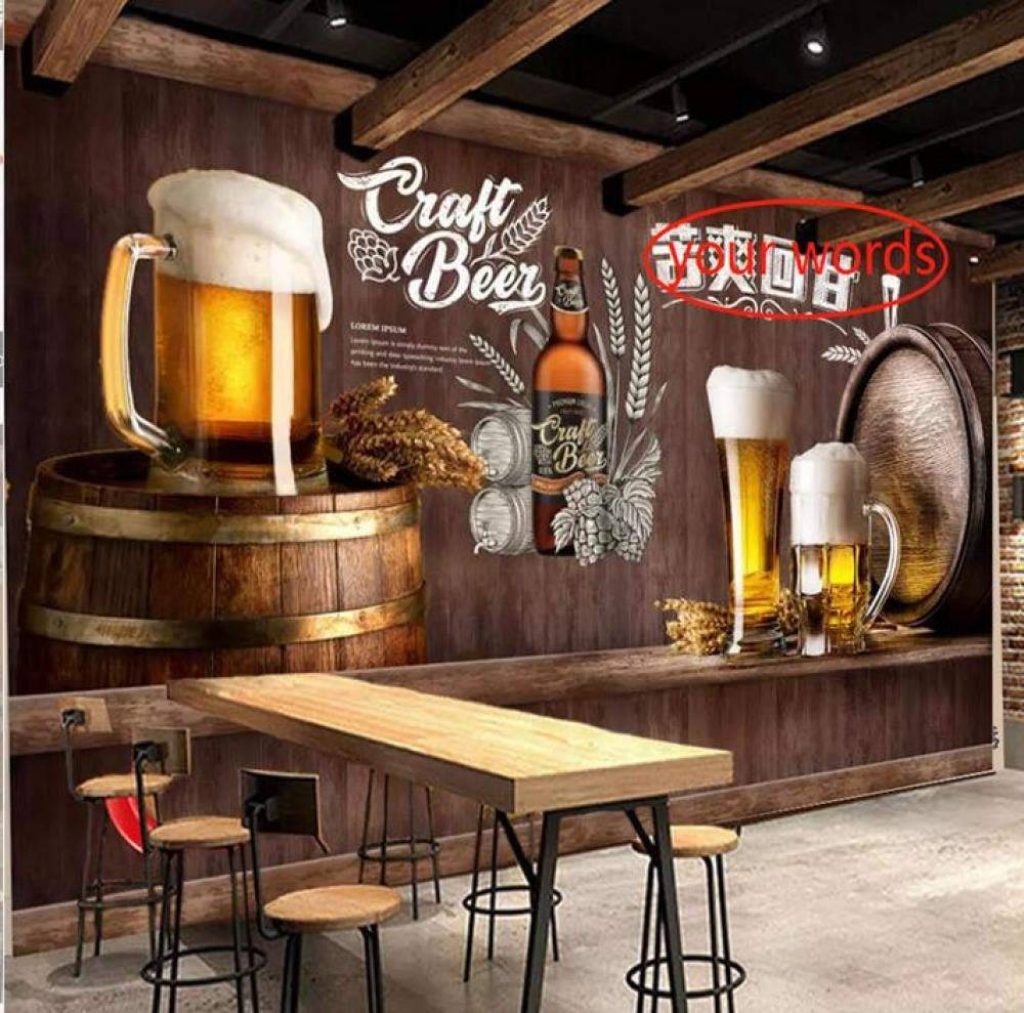 Rustic craft beer wallpaper mural with foaming mugs barrels wheat on dark wood background