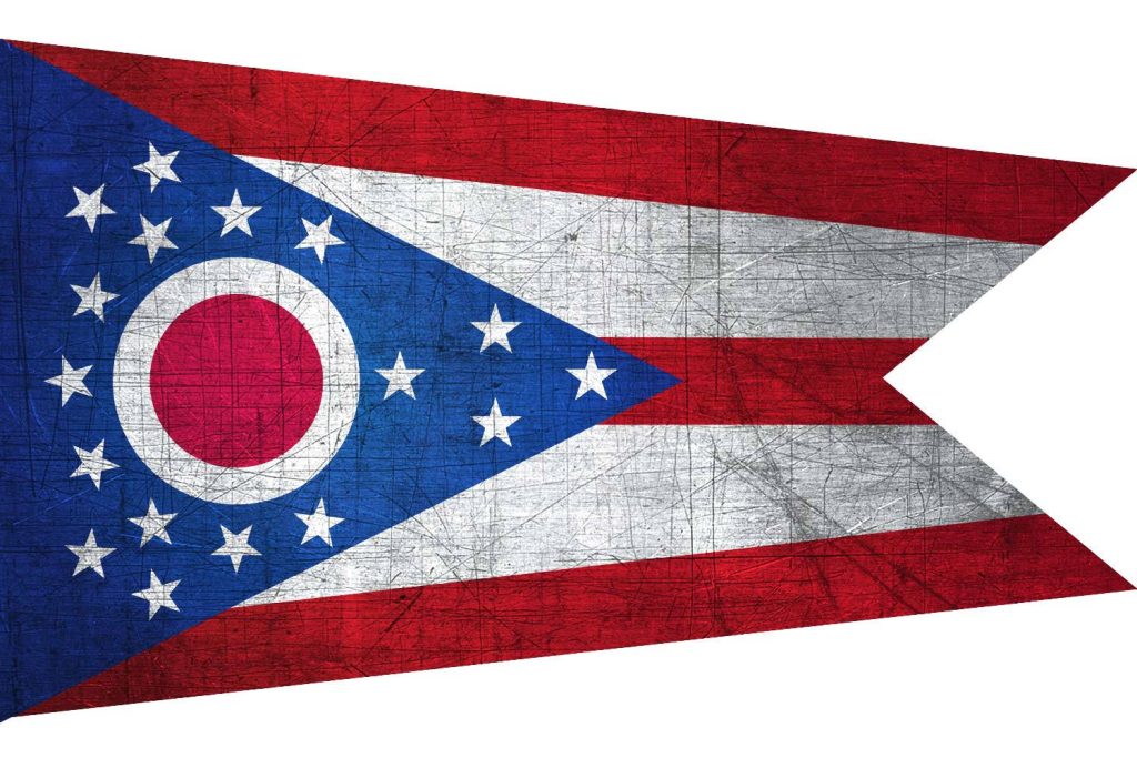 Distressed Ohio flag wallpaper with swallowtail burgee design and rugged scratched texture background