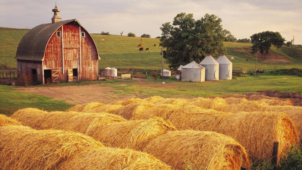 Rustic fall farm wallpaper with red barn silos golden hay bales and rolling green hills sunlight