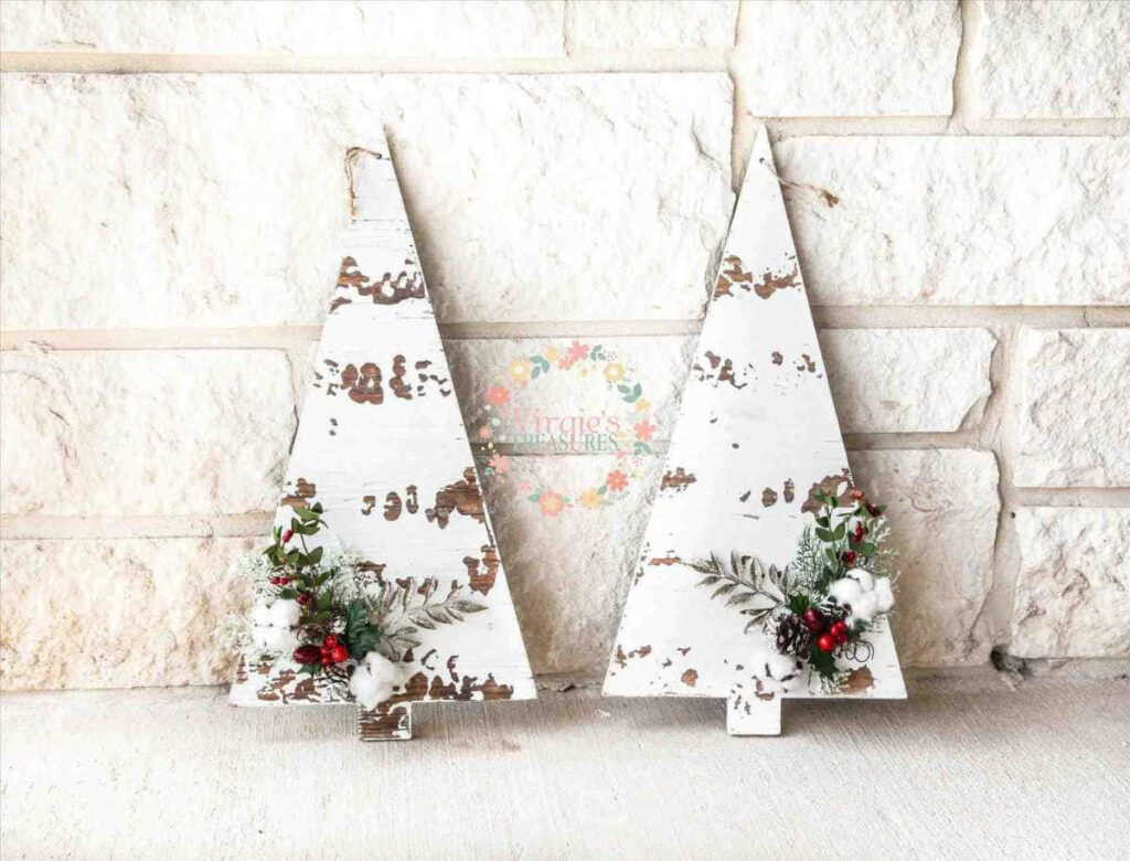 Rustic Farmhouse Christmas Decor: Wooden Trees & Textured Brick Wallpaper