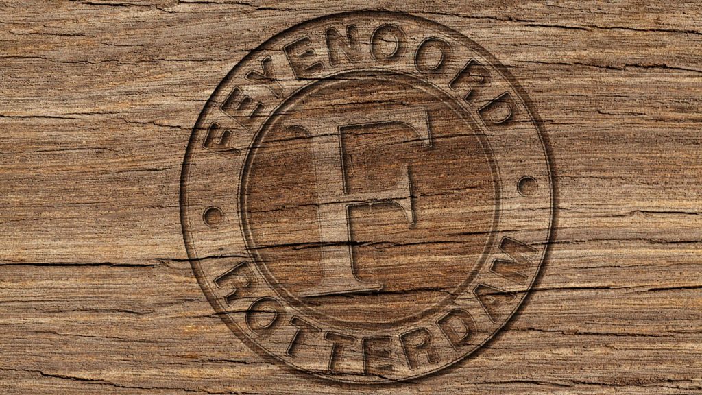 Rustic Feyenoord Rotterdam logo embossed on textured wood wallpaper for football fans