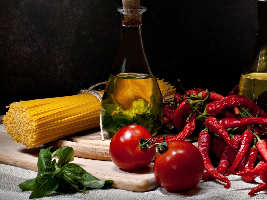 Rustic Food Ingredients Wallpaper: Spaghetti, Oil, Tomatoes & Greens