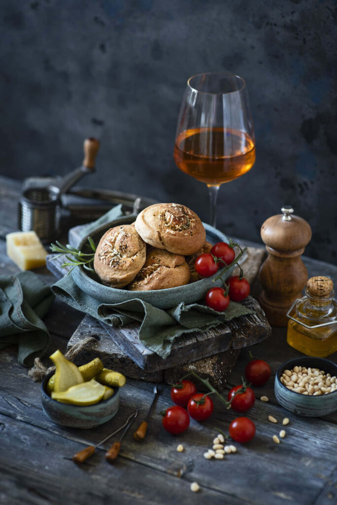 Rustic Food Wallpaper: Fresh Buns & Condiments on a Wooden Table
