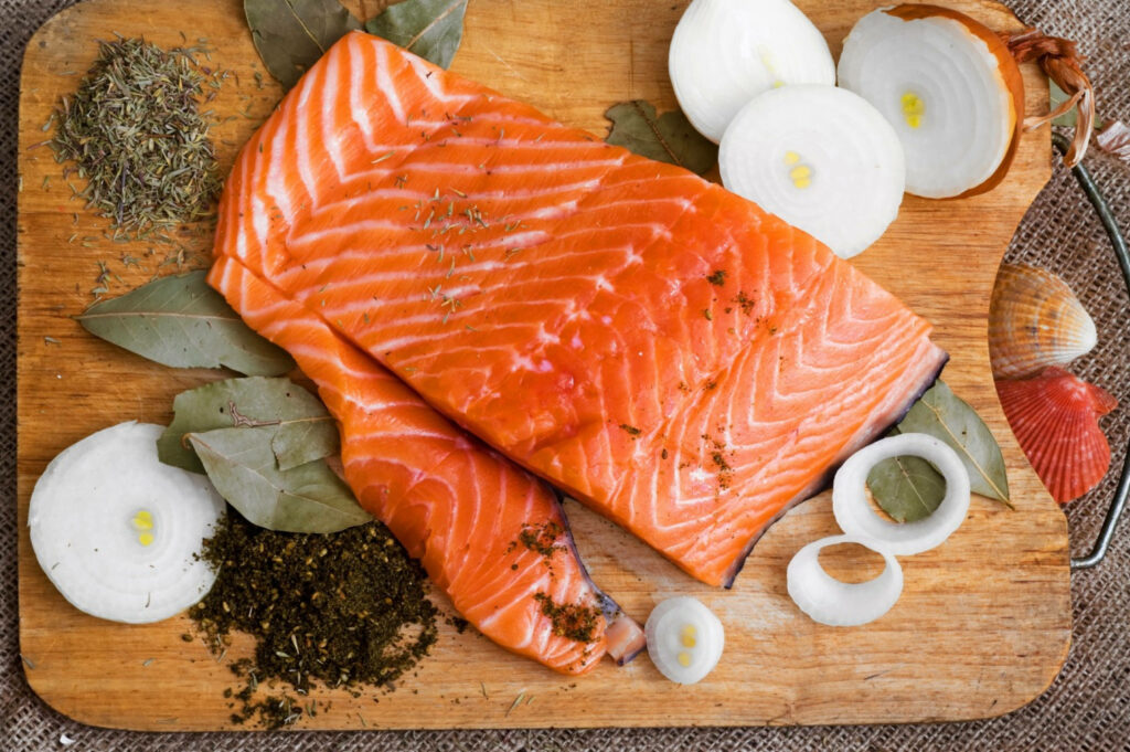 Rustic Fresh Salmon Fillets with Herbs and Onions - Culinary Wallpaper