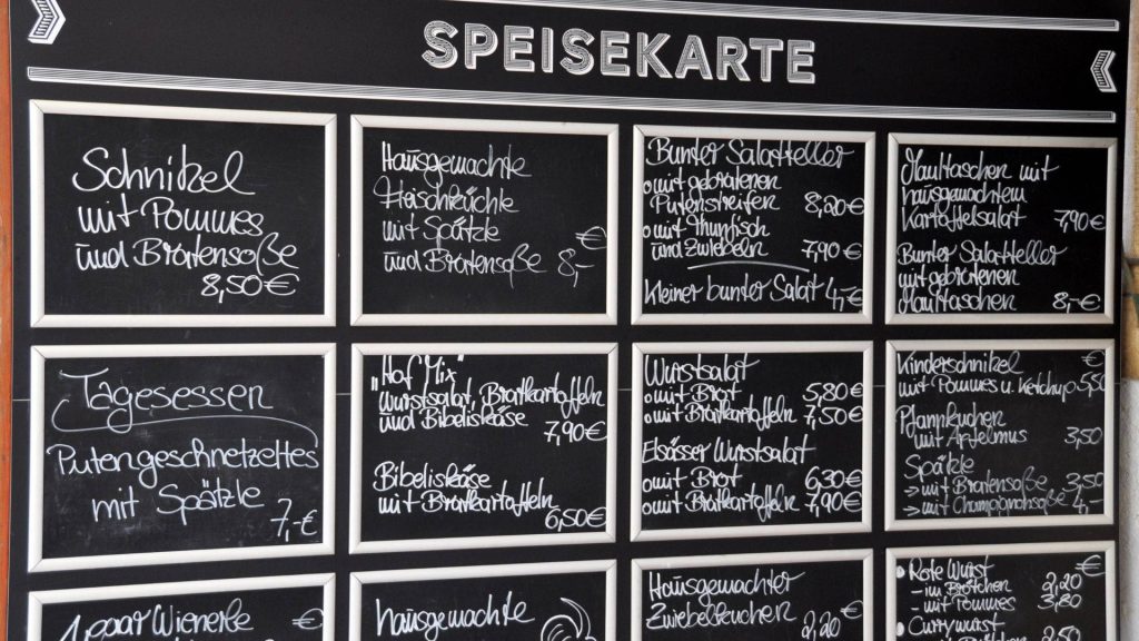 Traditional German restaurant chalkboard menu with classic dishes and Euro prices wallpaper background