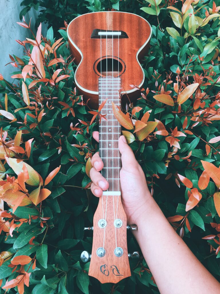 Rustic Guitar in Nature: Vibrant Green & Orange Bushes Wallpaper