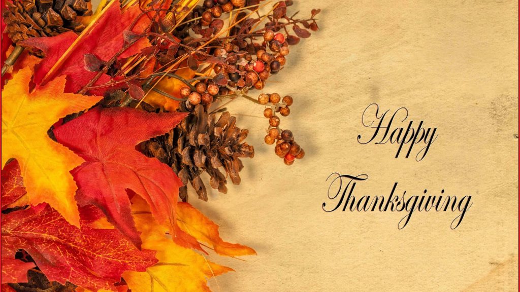 Rustic Happy Thanksgiving wallpaper with autumn leaves pinecones berries and vintage texture
