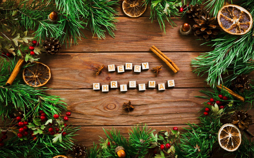 Rustic Merry Christmas Wallpaper with Pine, Oranges & Cinnamon