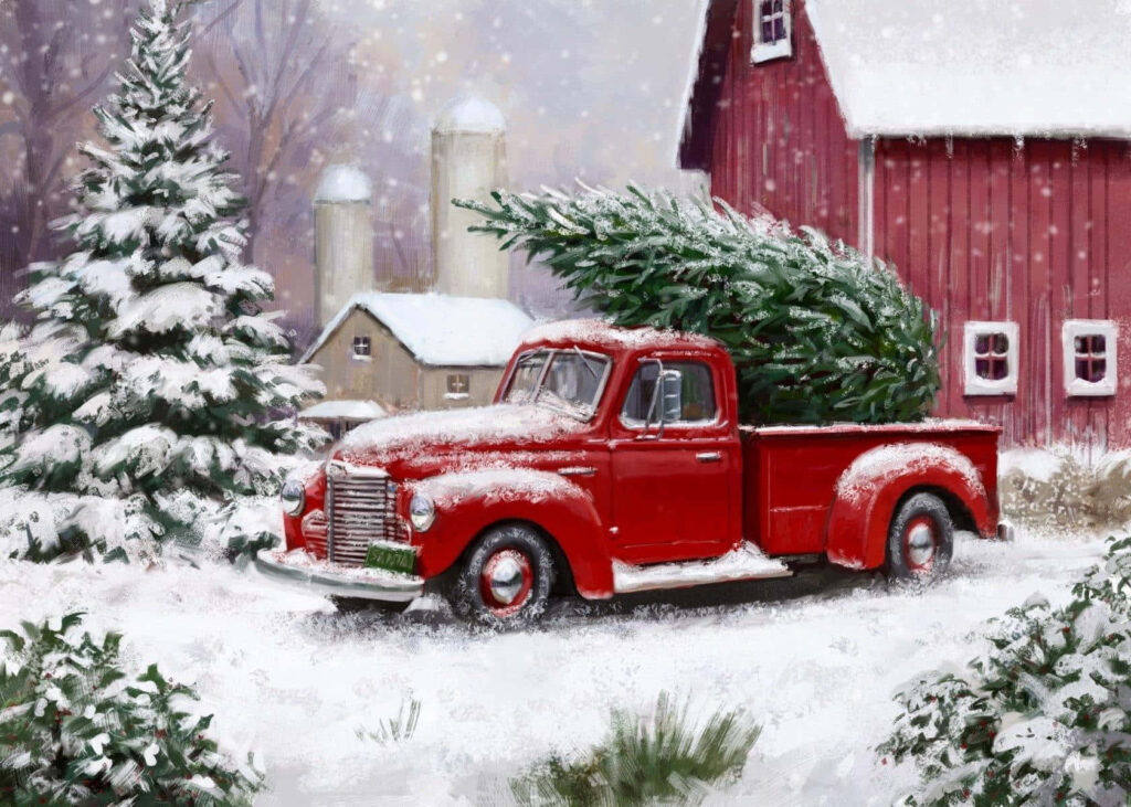Vibrant Red Vintage Truck with Christmas Tree in Snowy Landscape Wallpaper