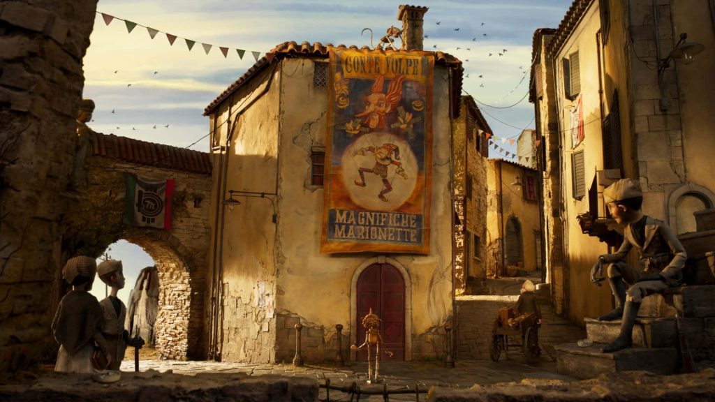 Pinocchio in rustic Italian village under Conte Volpe circus poster warm golden-hour light Wallpaper