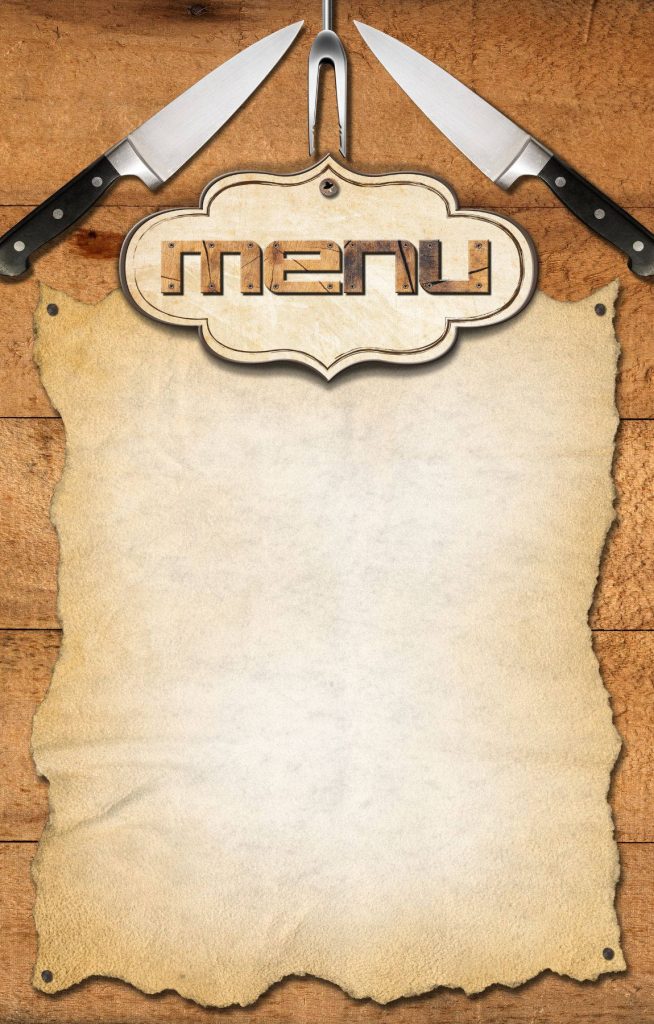 Rustic digital kitchen menu wallpaper with blank parchment on textured wood background