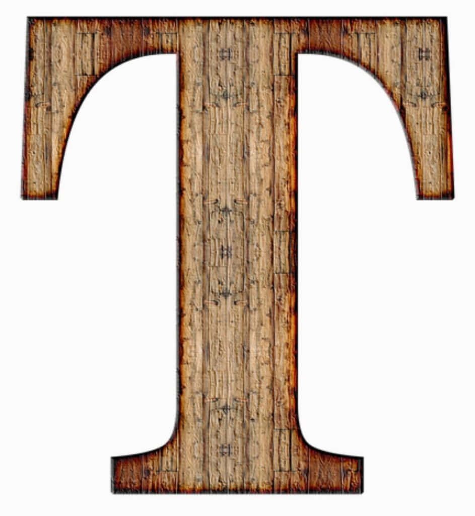 Rustic letter T wallpaper with reclaimed wood texture in earthy brown on white background