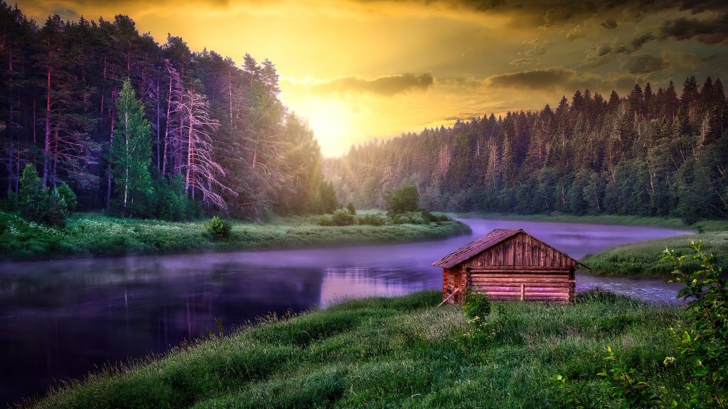 Rustic log cabin by misty river at golden hour in lush forest live 4k UHD wallpaper background
