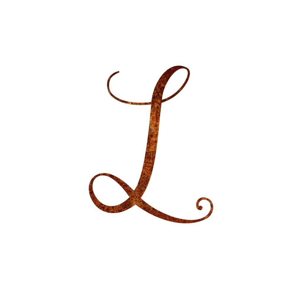 Stylish cursive letter L wallpaper with rusty metallic brown texture on white background