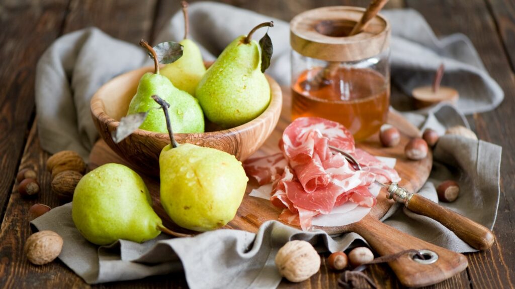 Rustic Pear and Jamon Arrangement with Honey & Nuts - Wallpaper Background