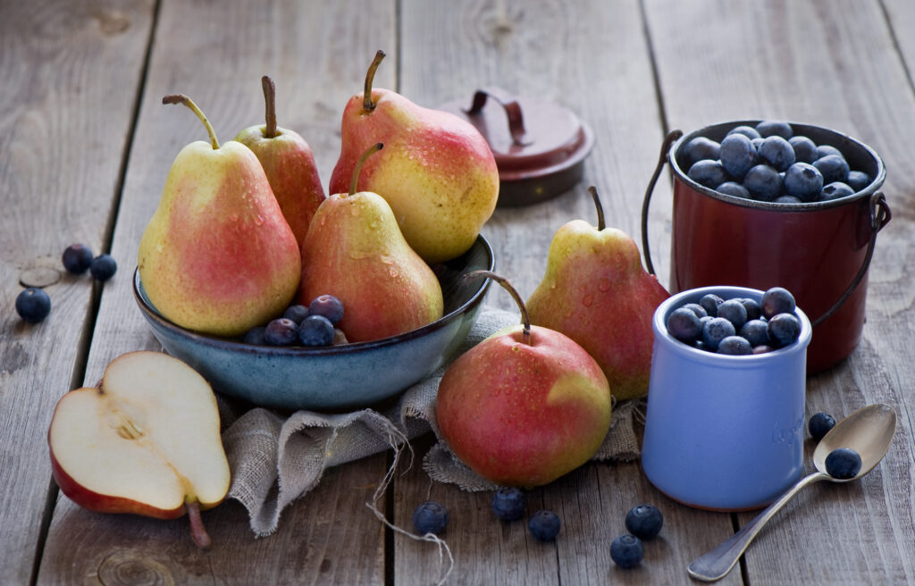 Rustic Pears and Blueberries Wallpaper: Natural Table Display